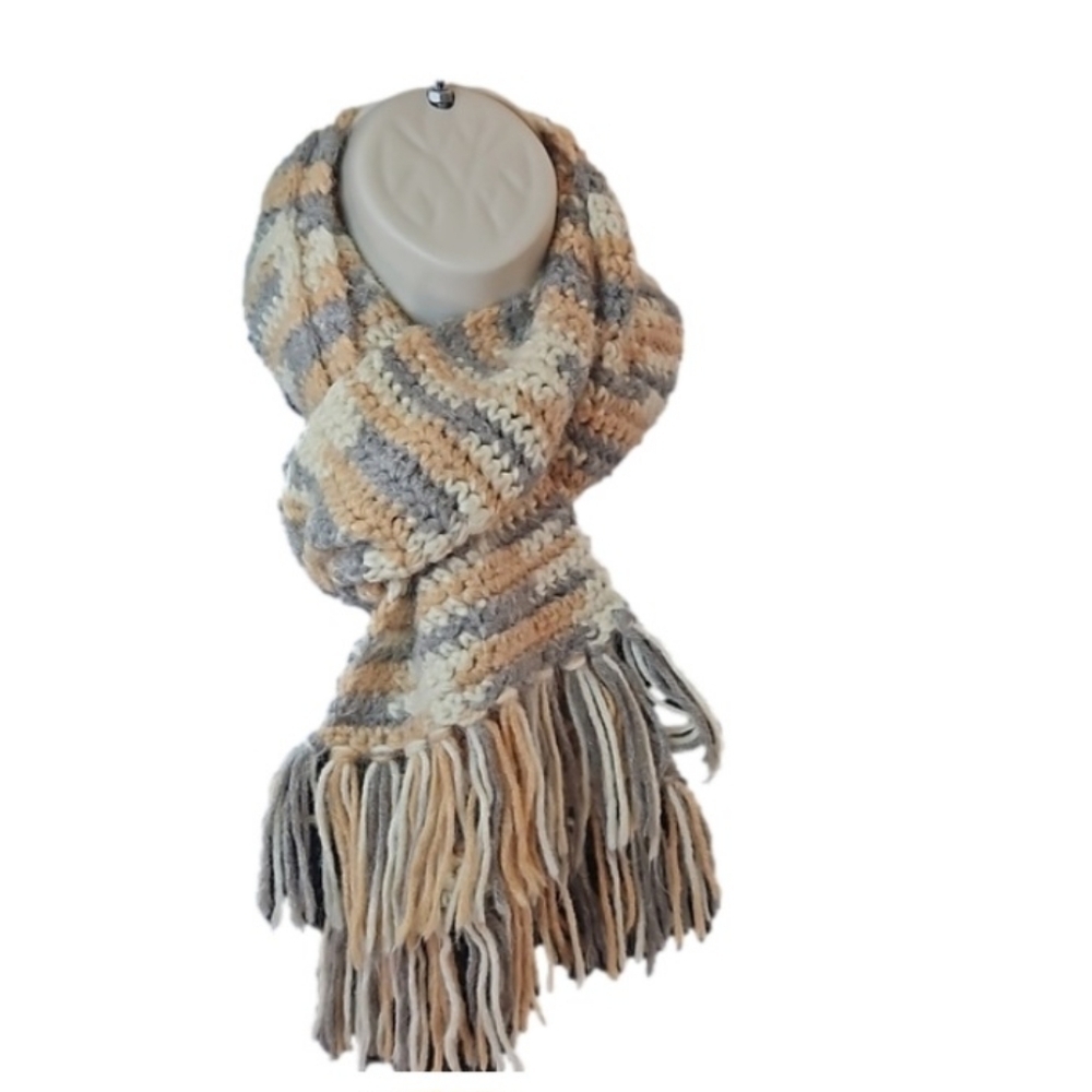 Handmade Crochet Scarf Gray Cream  Brown Upcycled Eco-Friendly Hand Knit Artisan - Picture 3 of 17